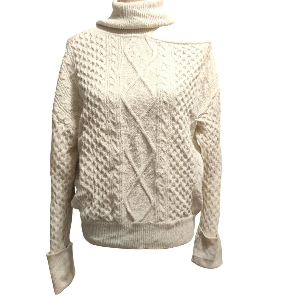 Sofia Jeans M Cream Cable Knit Cold Shoulder Turtleneck Sweater Metallic Sequins